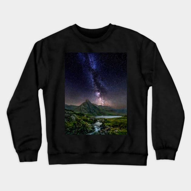 Milky Way Rising over Welsh Mountains and Lake Crewneck Sweatshirt by TonyNorth